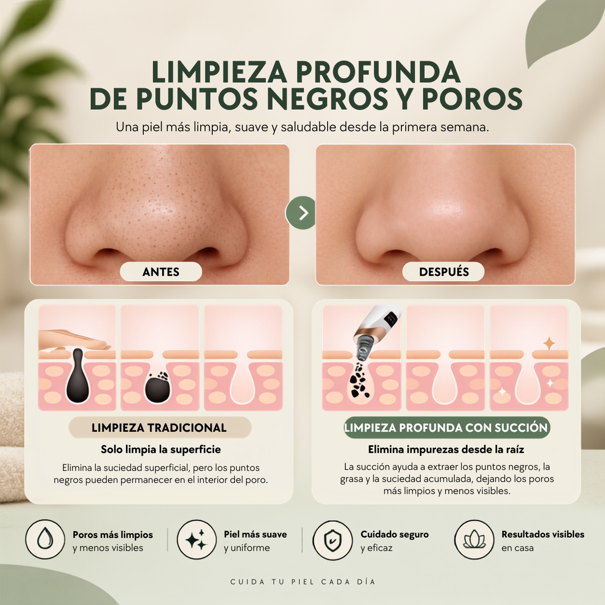 Aspirador de Poros Poralia · Limpieza facial con 3 potencias