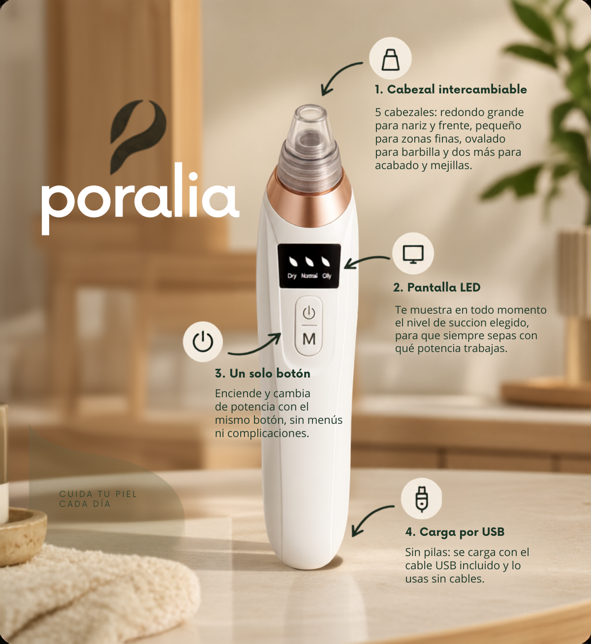 Aspirador de Poros Poralia · Limpieza facial con 3 potencias