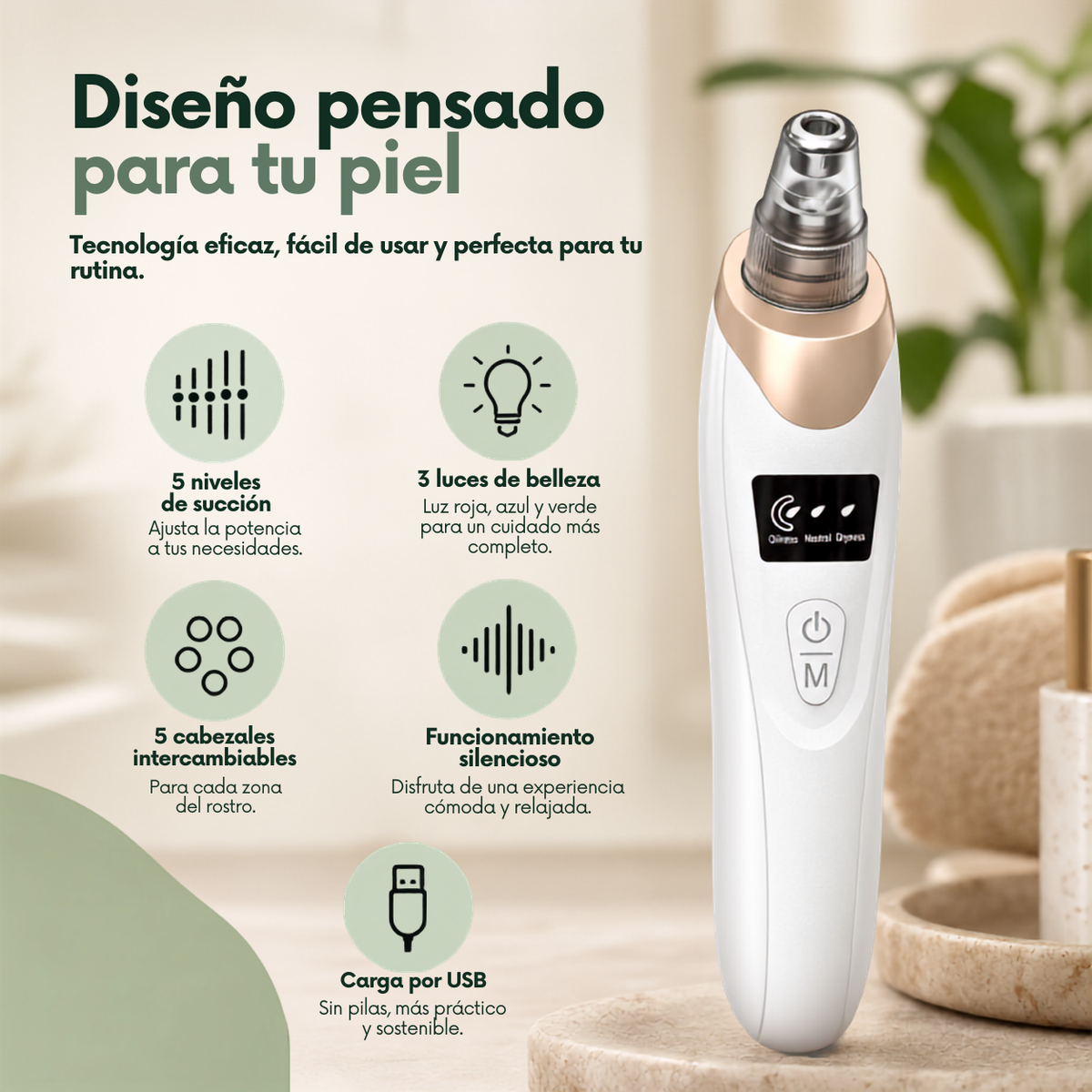 Aspirador de Poros Poralia · Limpieza facial con 3 potencias