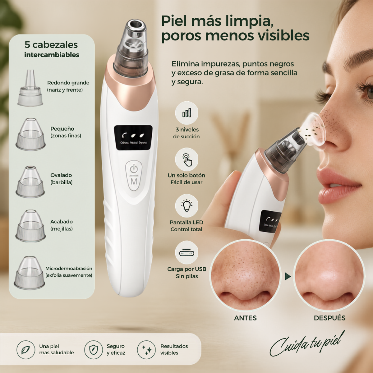Aspirador de Poros Poralia · Limpieza facial con 3 potencias